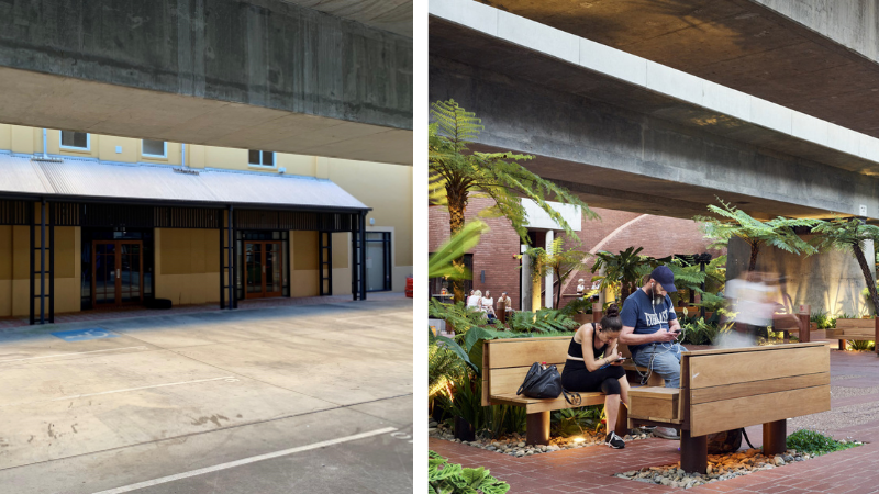 ▲ A disused car park space under a rail bridge has been converted into a hospitality hot spot in South Brisbane's Fish Lane precinct. Image: Scott Burrows Photography