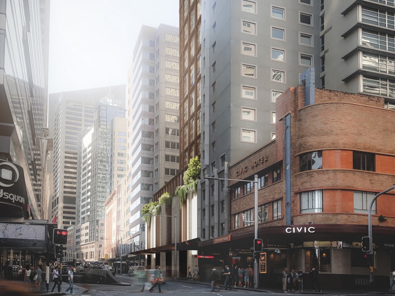 A view of Pitt Street showing the new, modern hotel at 372 along with world square and the red brick Civic Hotel on the corner.