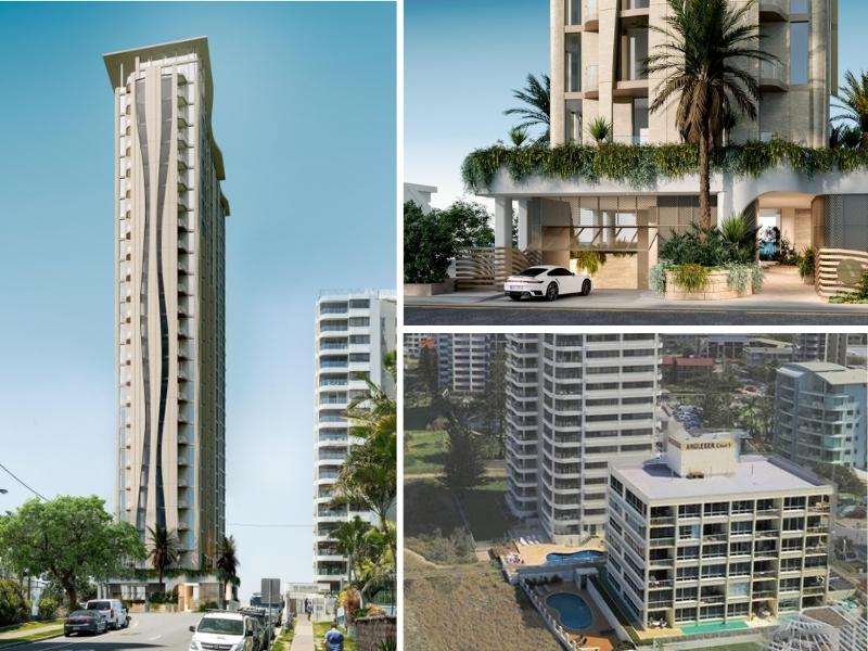 Three images, the first of a narrow modern tower, 26 storeys high; the base of the tower with its garage entrance, palms and white finish; and the existing 1970s tower with a pool on the beach called Anglesea Court.