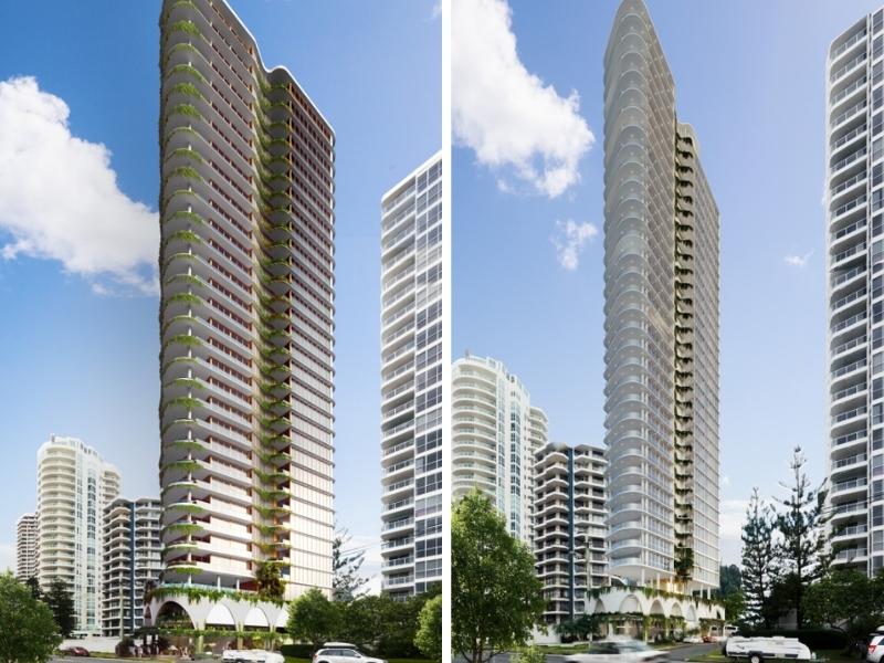 Two images side by side of a 33 storey tower in Main Beach on the Gold Coast, the building with landscaping down the side is surrounded by similar sized developments.
