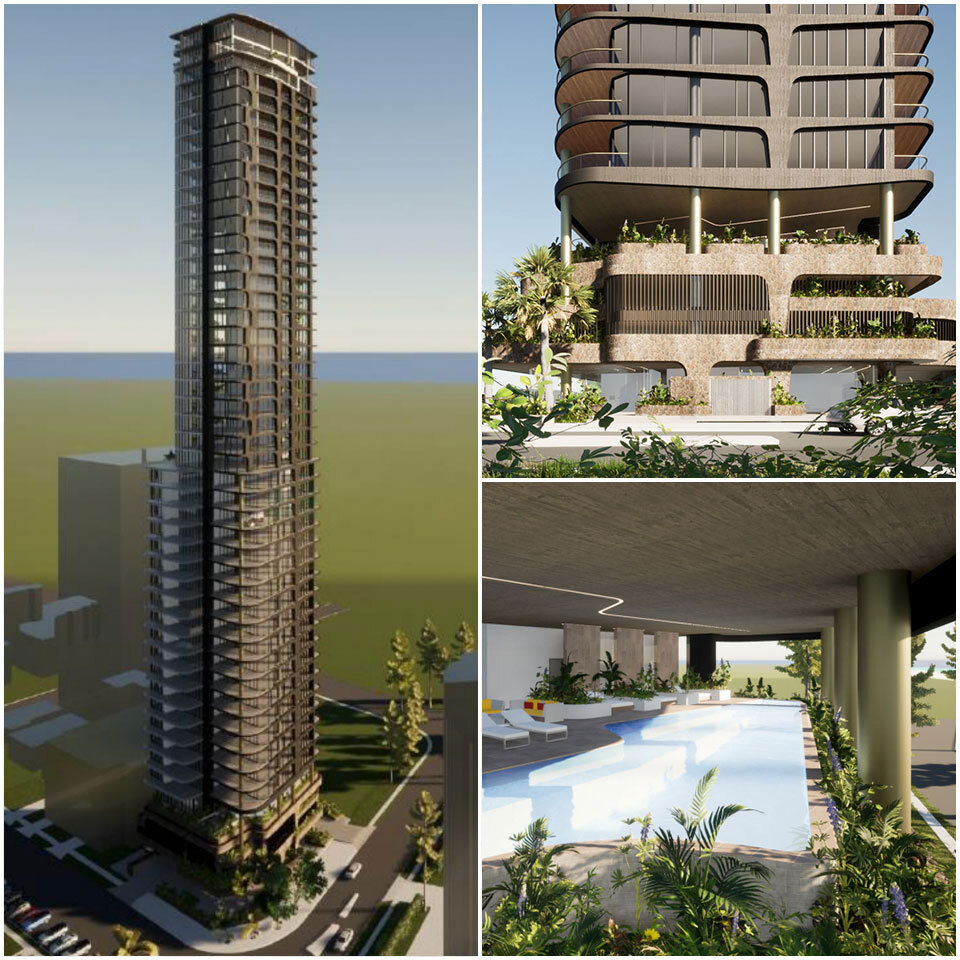 ▲ The tall and slender tower design comprises 59 apartments and a third-level communal recreation area with pool, deck and gym.