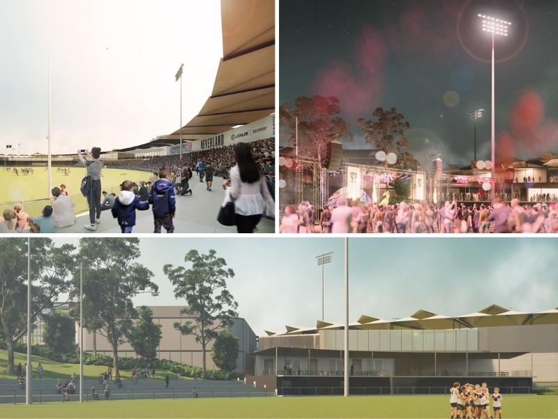 Three images depicting outdoor sporting and music stadiums in Southport on the Gold Coast. The venues have open air and plenty of space for seating.