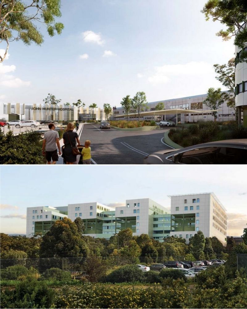 ▲ A new entry canopy to the hospital and a 7-storey acute services building are part of the redevelopment of the John Hunter Health Innovation Precinct. 