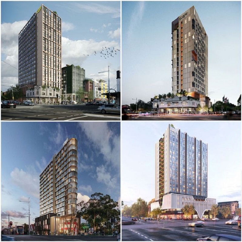 Four approved student accommodation towers in south-eastern Sydney to be built by Scape, each has a different design.
