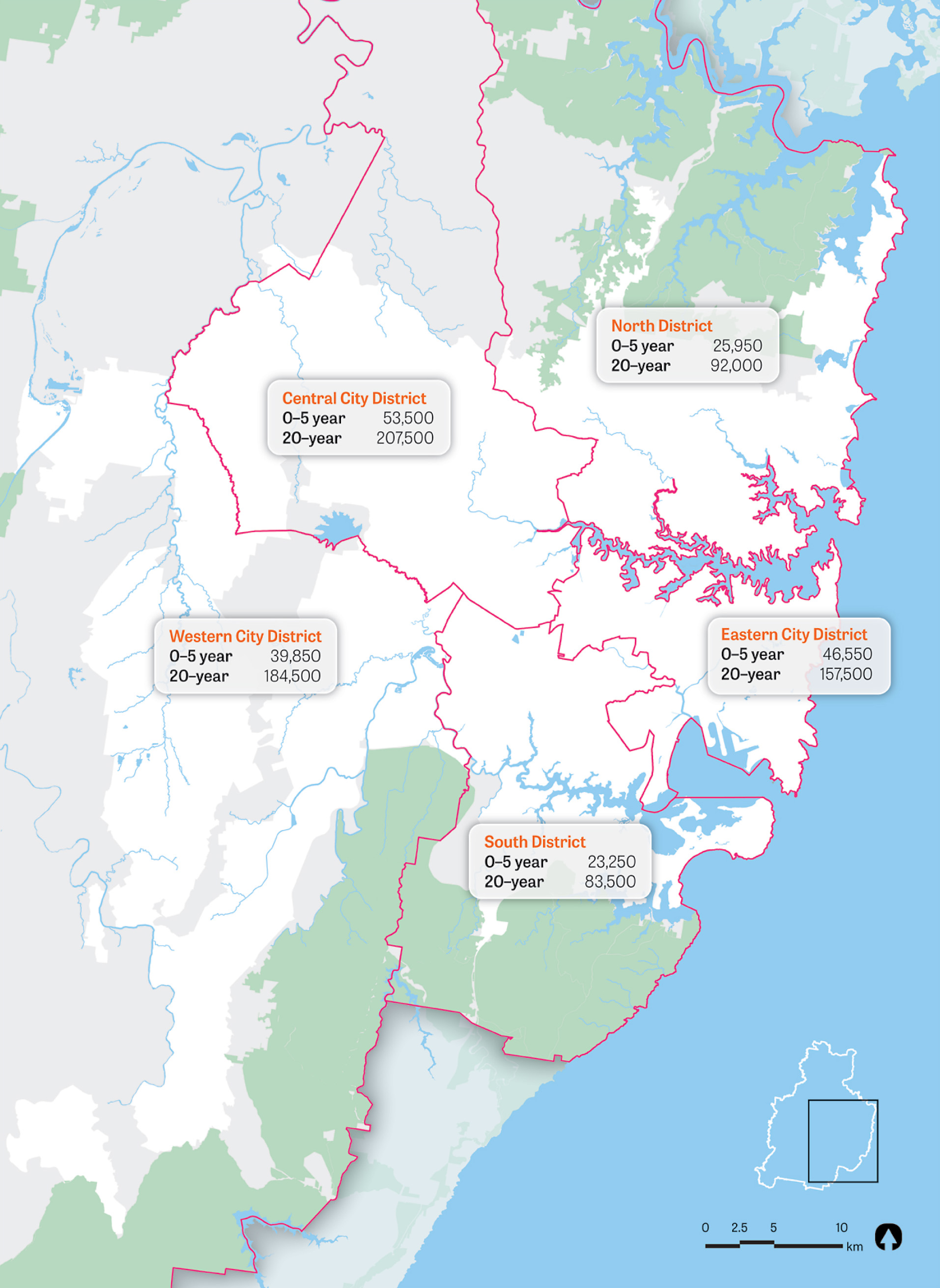 ▲ Housing targets for 2016-2036 planned in growth corridors including Parramatta and the Bradfield/Aerotropolis region. Image: Greater Sydney Commission 