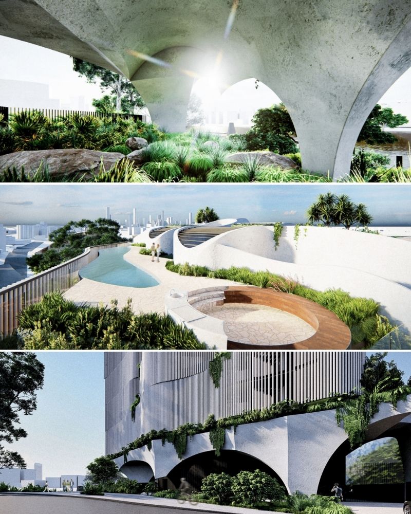 ▲ Sculpted concrete colonnades form the base of the building, while a rooftop pool will capitalise on views over the river. Images: Spyre Group