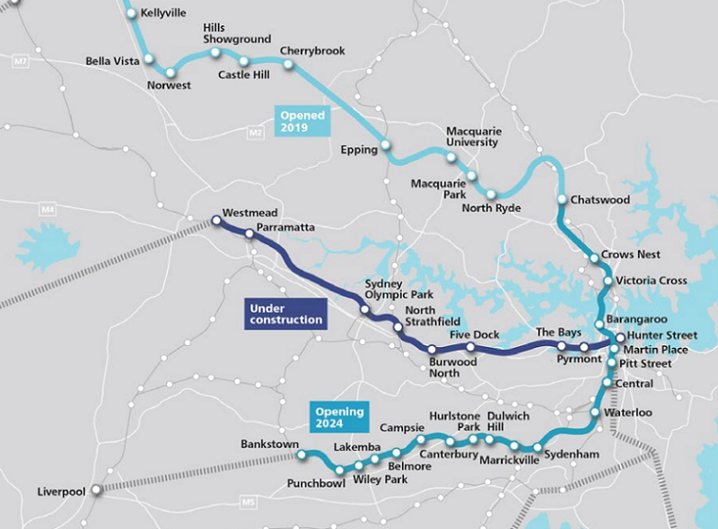 Sydney Metro West train map detailing the new stations under construction.