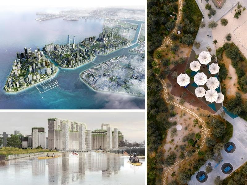 Projects in Manila, Abu Dhabi and New York. A future city in the Philippines with towers on islands surrounded by water, umbrellas and natural landscapes in the UAE aerial view and a sketch of a Silo City with grey buildings with garden rooftops in New York.