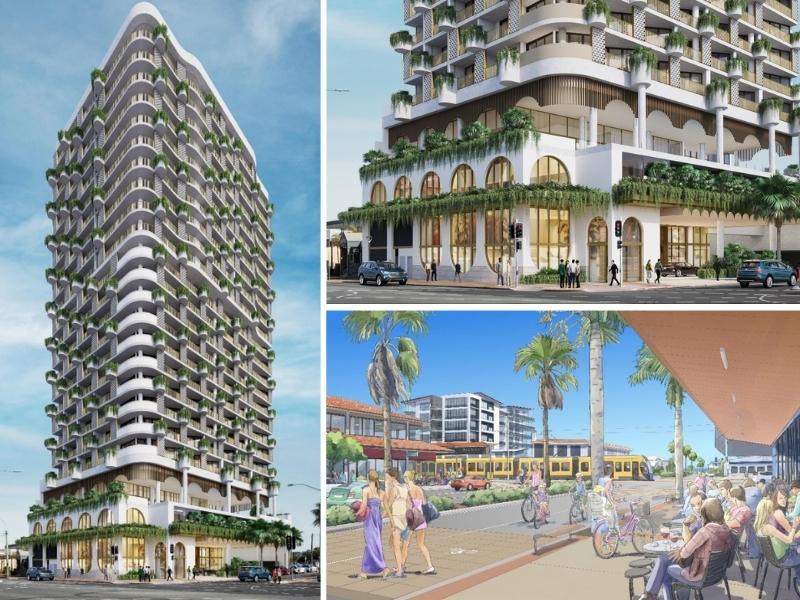 Three images depicting a 23 storey white tower with an arched podium covered in greenery as well as a sketch of the Palm Beach Avenue light rail station.