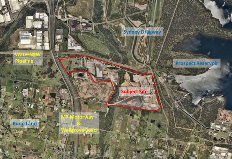 Brickwork's Horsely Park plant site in western Sydney next to Prospect Reservoir and the Sydney Dragway and rural land.